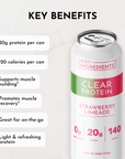 Clear protein drink can featuring strawberry limeade flavor, with 20g protein and 120 calories per serving.
