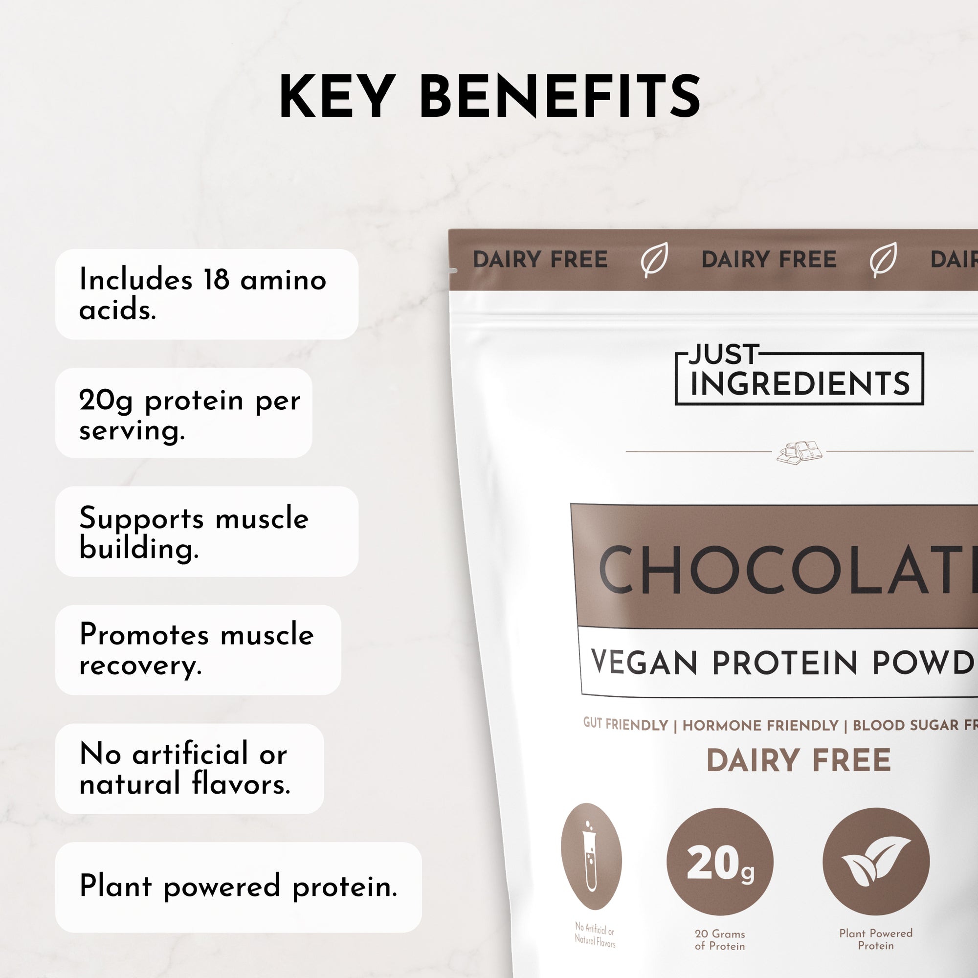 Vegan chocolate protein powder bag with key benefits listed, including protein content and amino acids.