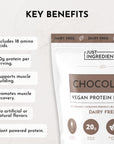 Vegan chocolate protein powder bag with key benefits listed, including protein content and amino acids.
