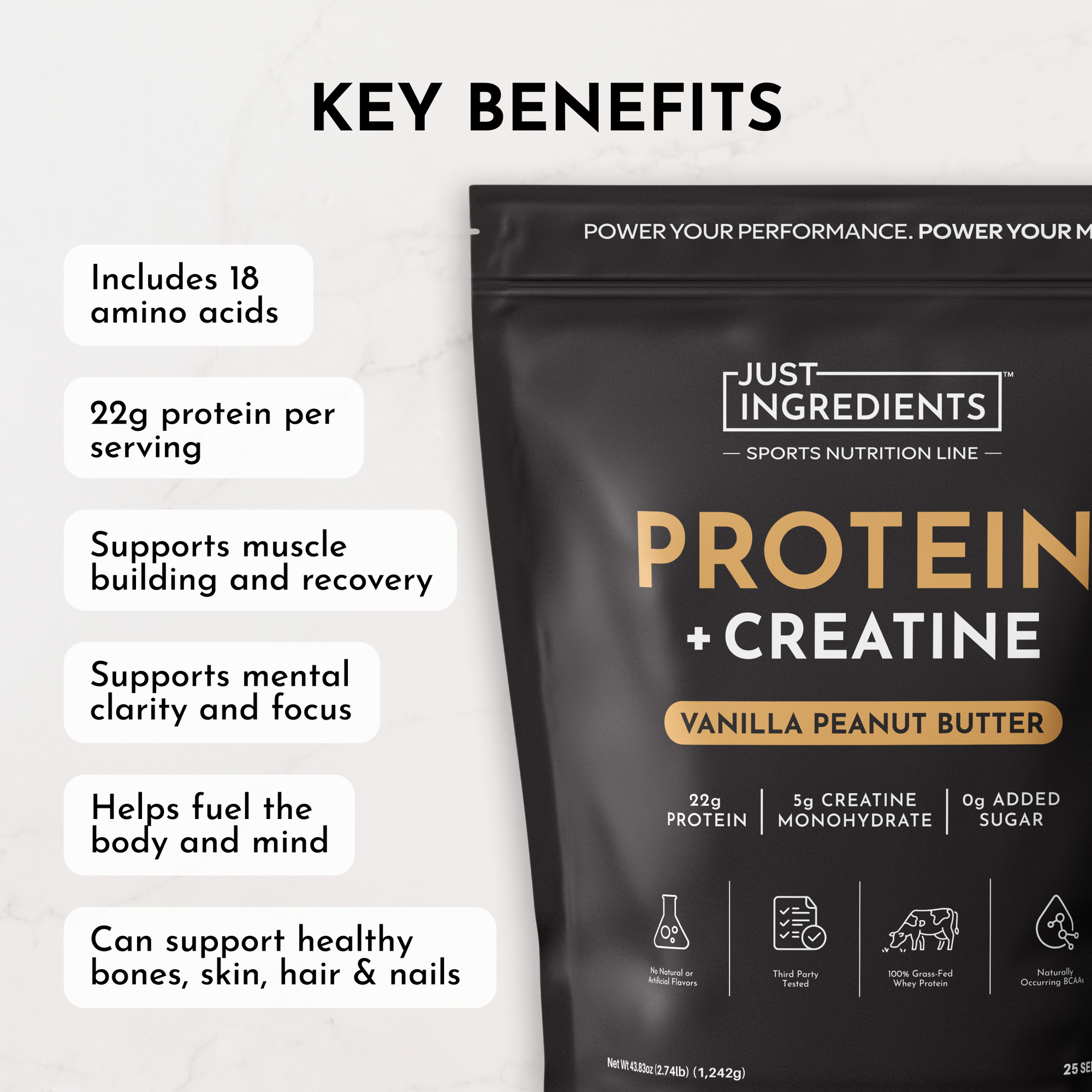 Black pouch labeled "Protein + Creatine" with vanilla peanut butter flavor, highlighting key benefits and nutritional info.
