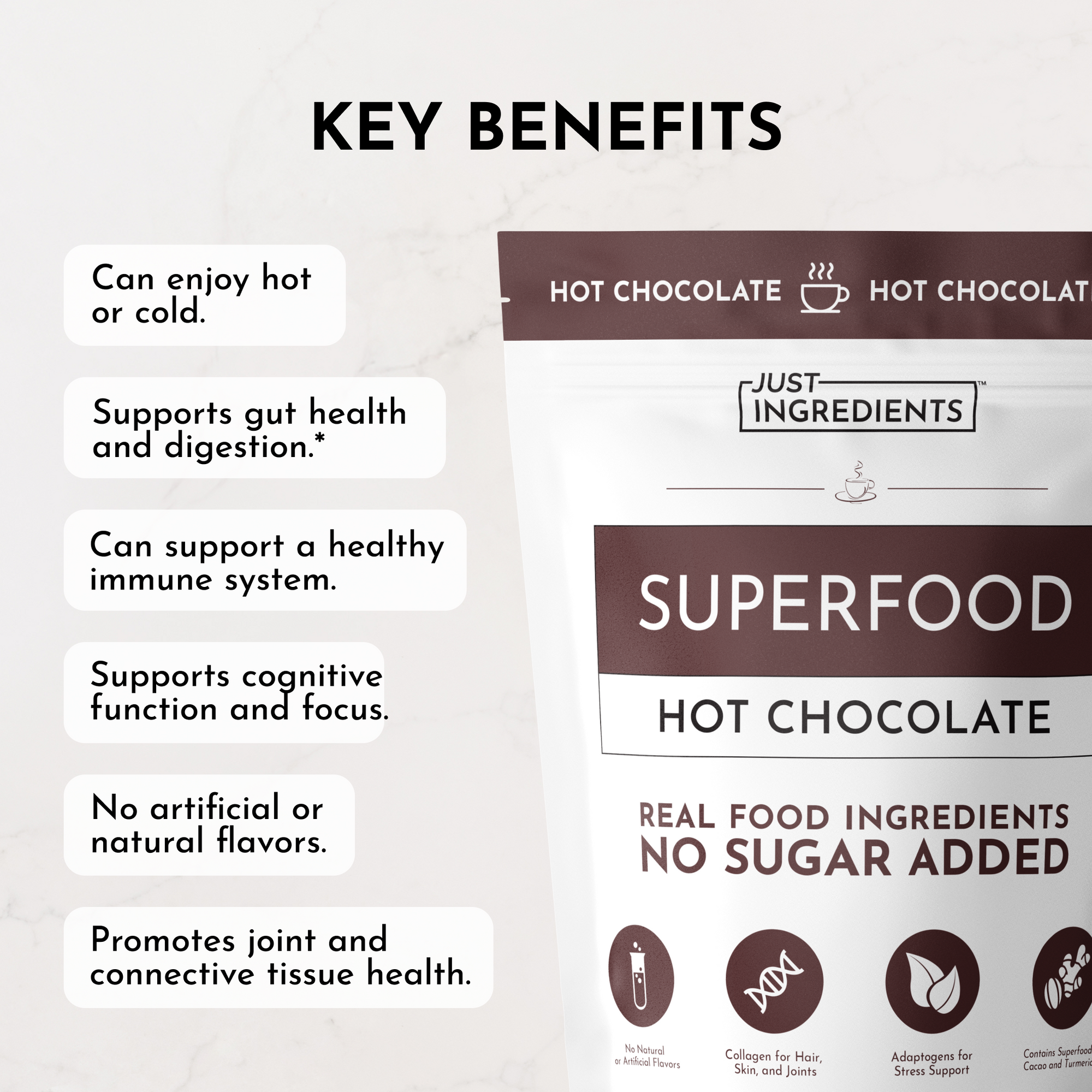 Pouch of Superfood Hot Chocolate with key benefits listed, including gut health and immune support.
