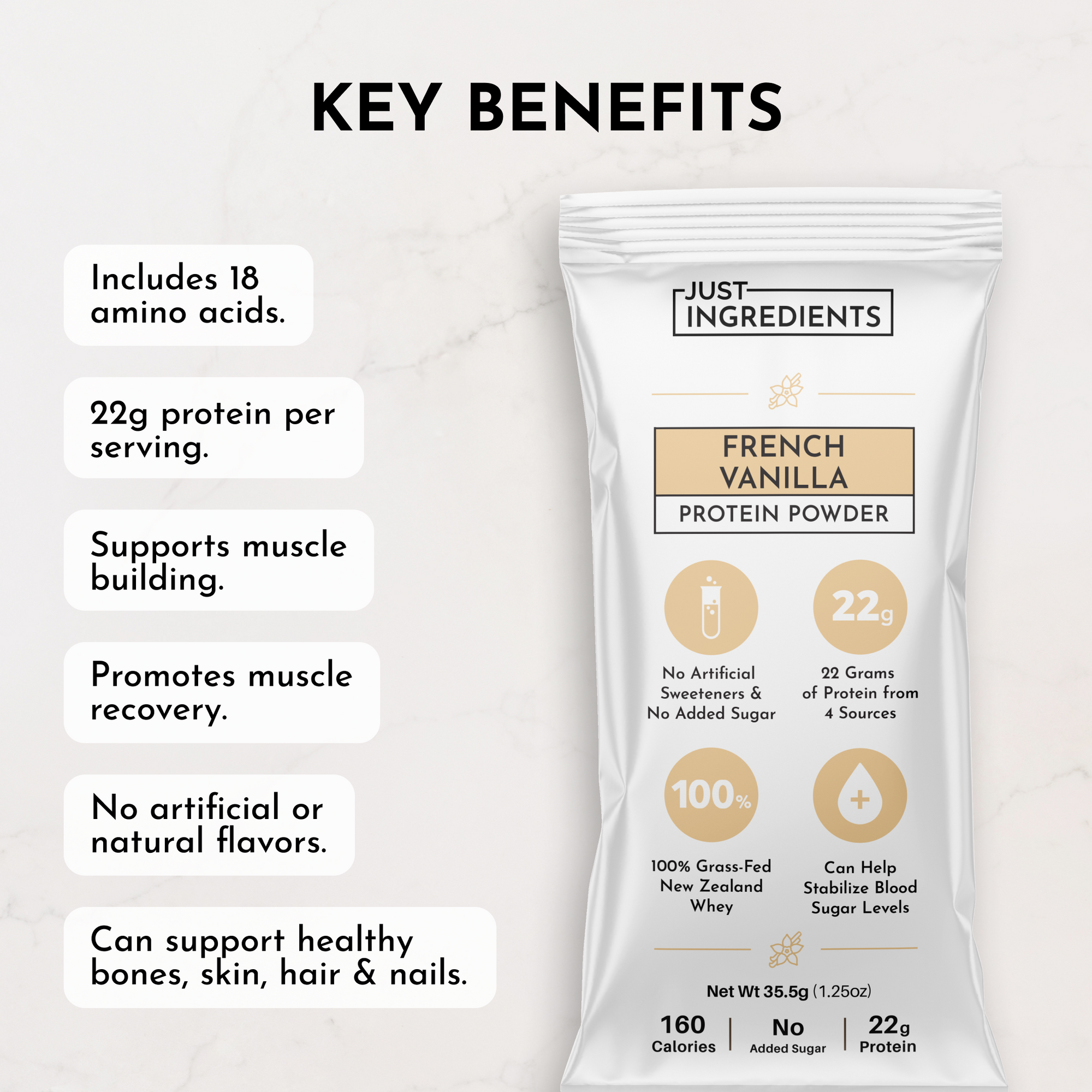 Protein powder stick with French vanilla flavor, 22g protein, 18 amino acids, and no artificial sweeteners.