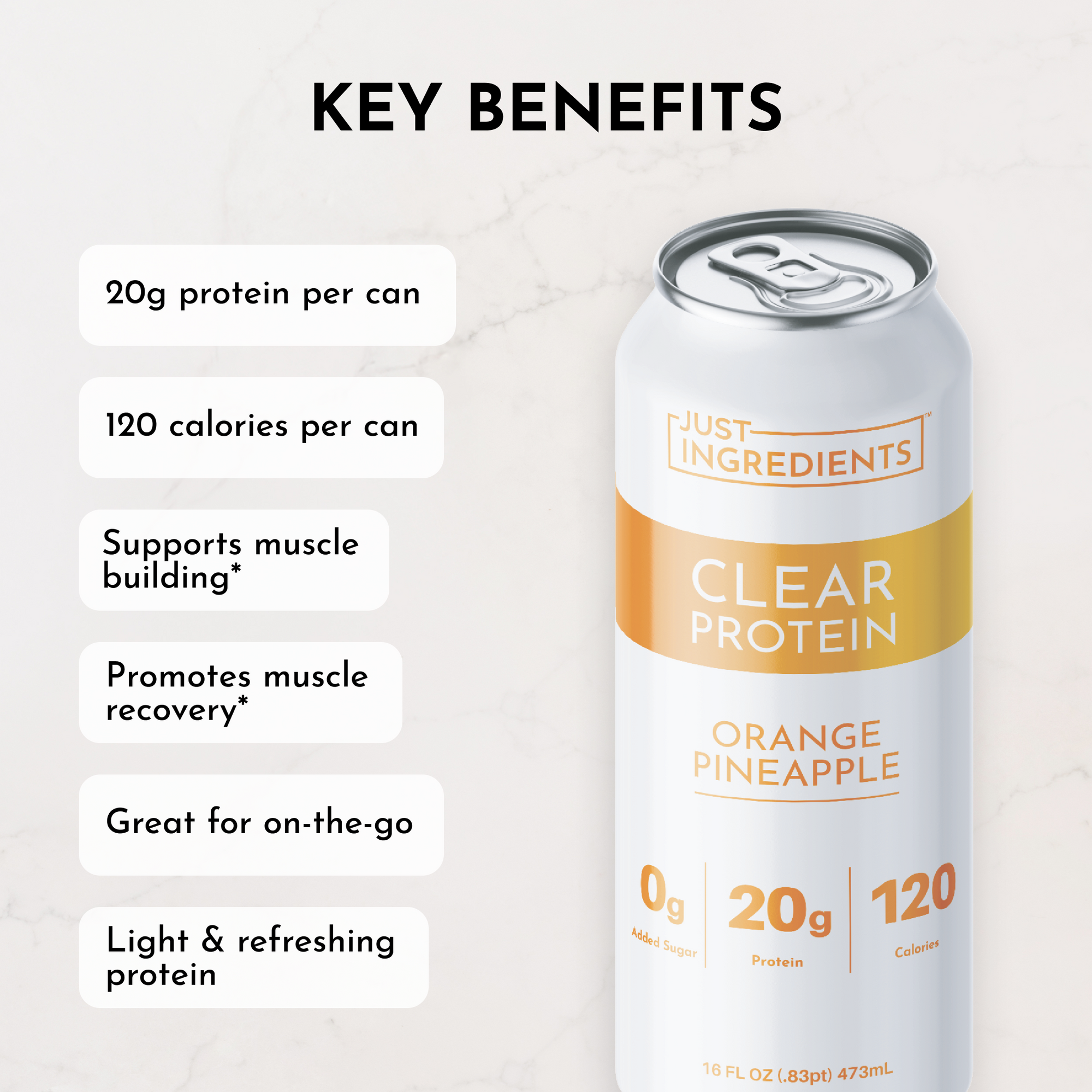 Clear protein drink can featuring orange pineapple flavor, with 20g protein and 120 calories per 16 fl oz.