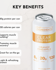 Clear protein drink can featuring orange pineapple flavor, with 20g protein and 120 calories per 16 fl oz.