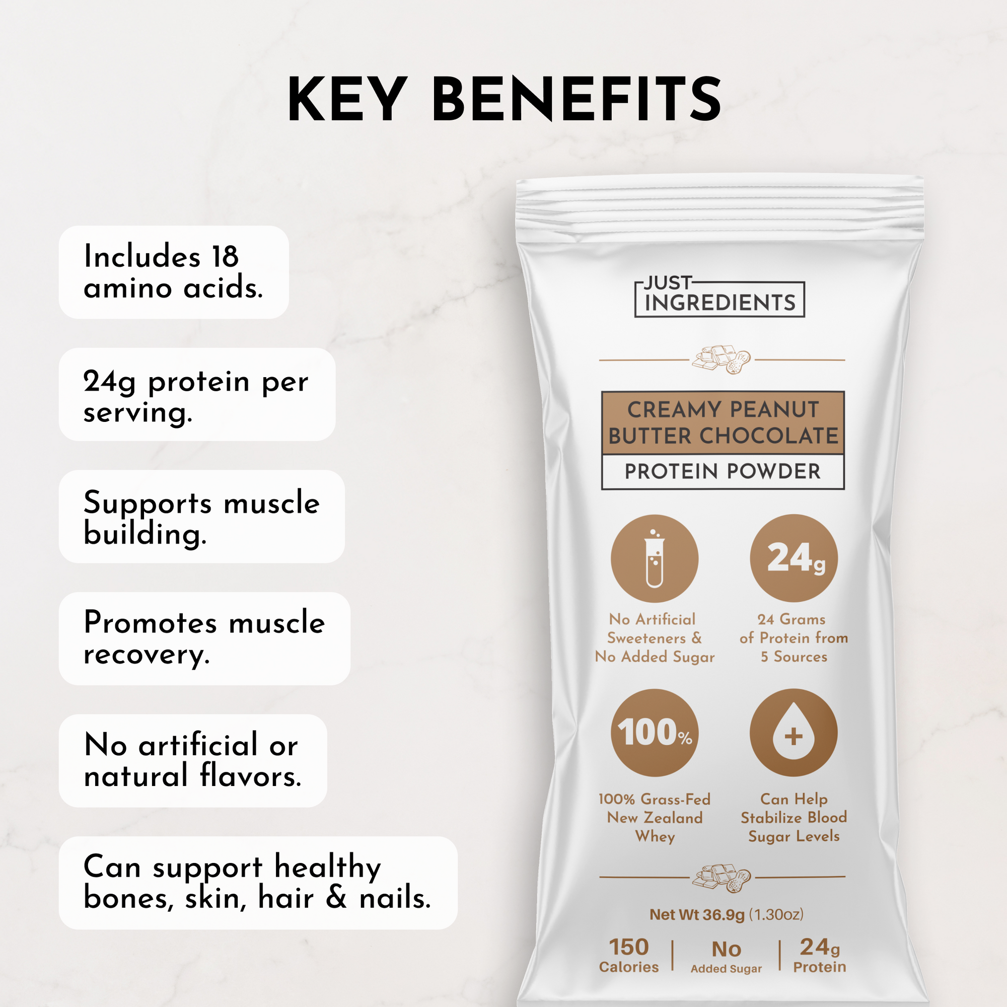 Protein powder stick with creamy peanut butter chocolate flavor, 24g protein, and 18 amino acids per serving.