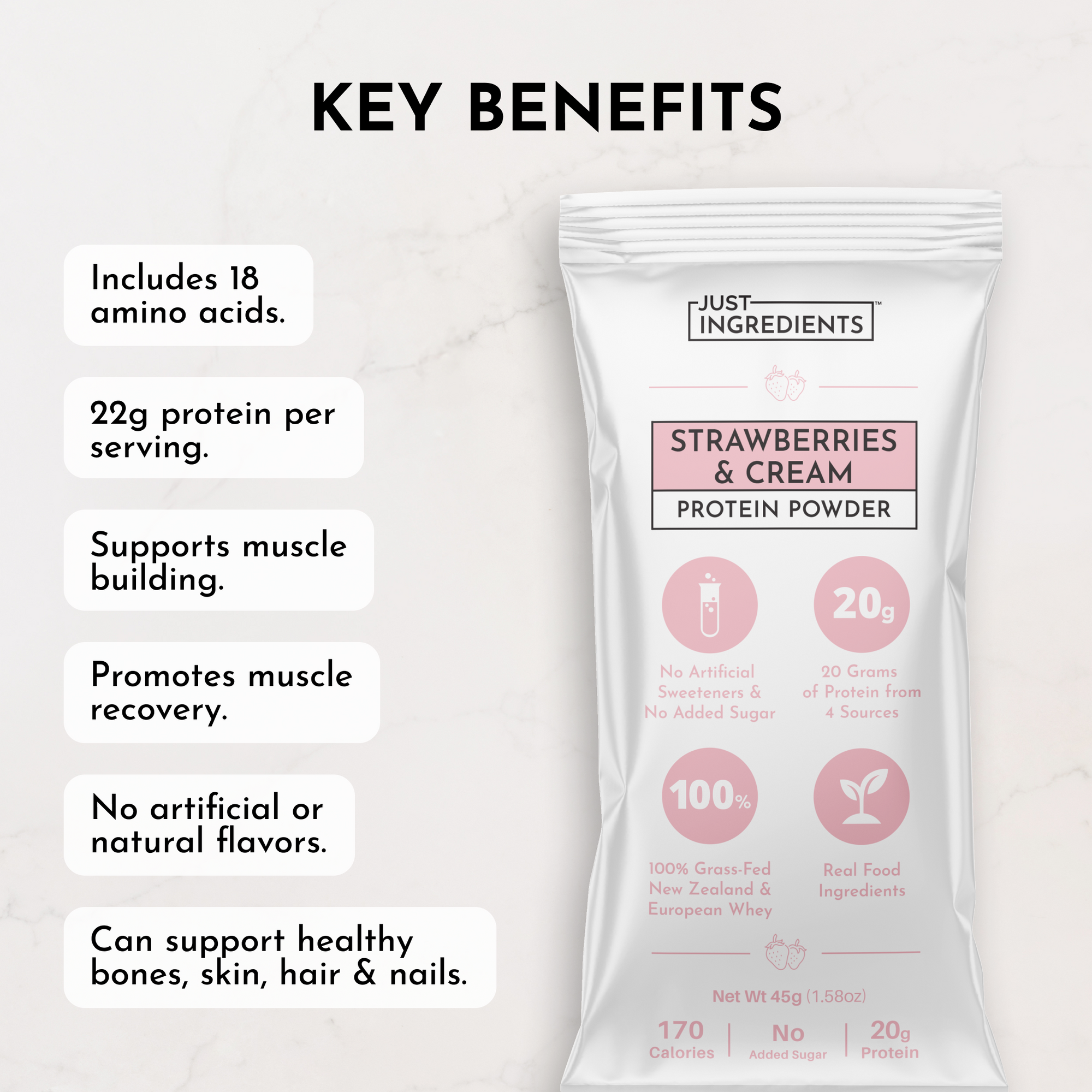 Protein powder stick packaging featuring "Strawberries &amp; Cream" flavor with nutritional benefits listed.