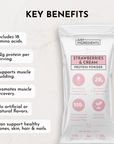 Protein powder stick packaging featuring "Strawberries & Cream" flavor with nutritional benefits listed.