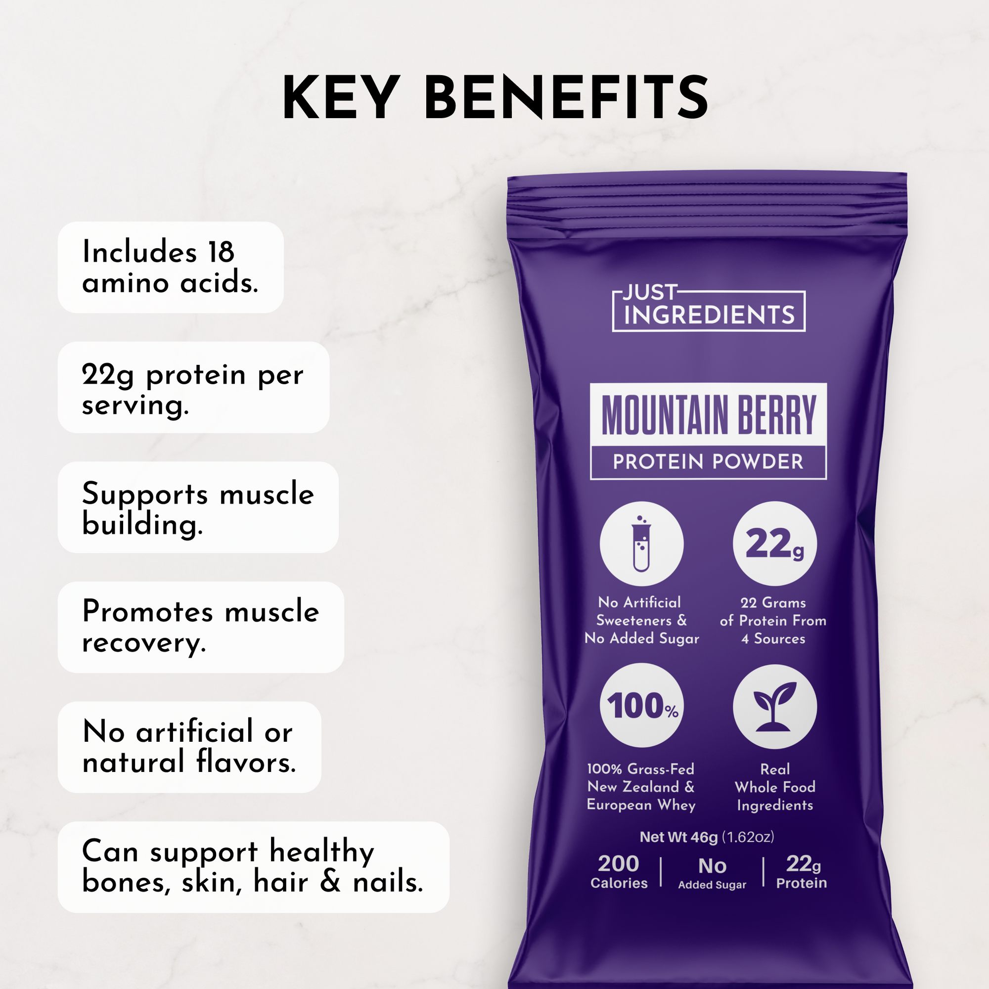Purple protein powder stick with "Mountain Berry" label, highlighting 22g protein and key benefits.