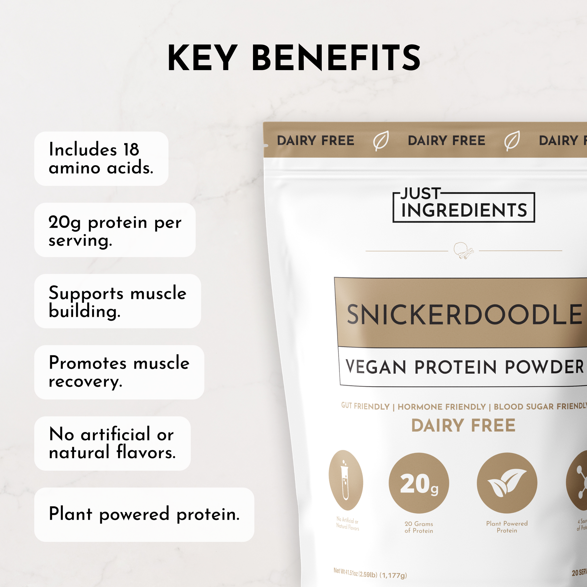 Vegan Snickerdoodle protein powder bag with key benefits listed, including protein content and dietary information.