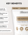 Vegan Snickerdoodle protein powder bag with key benefits listed, including protein content and dietary information.