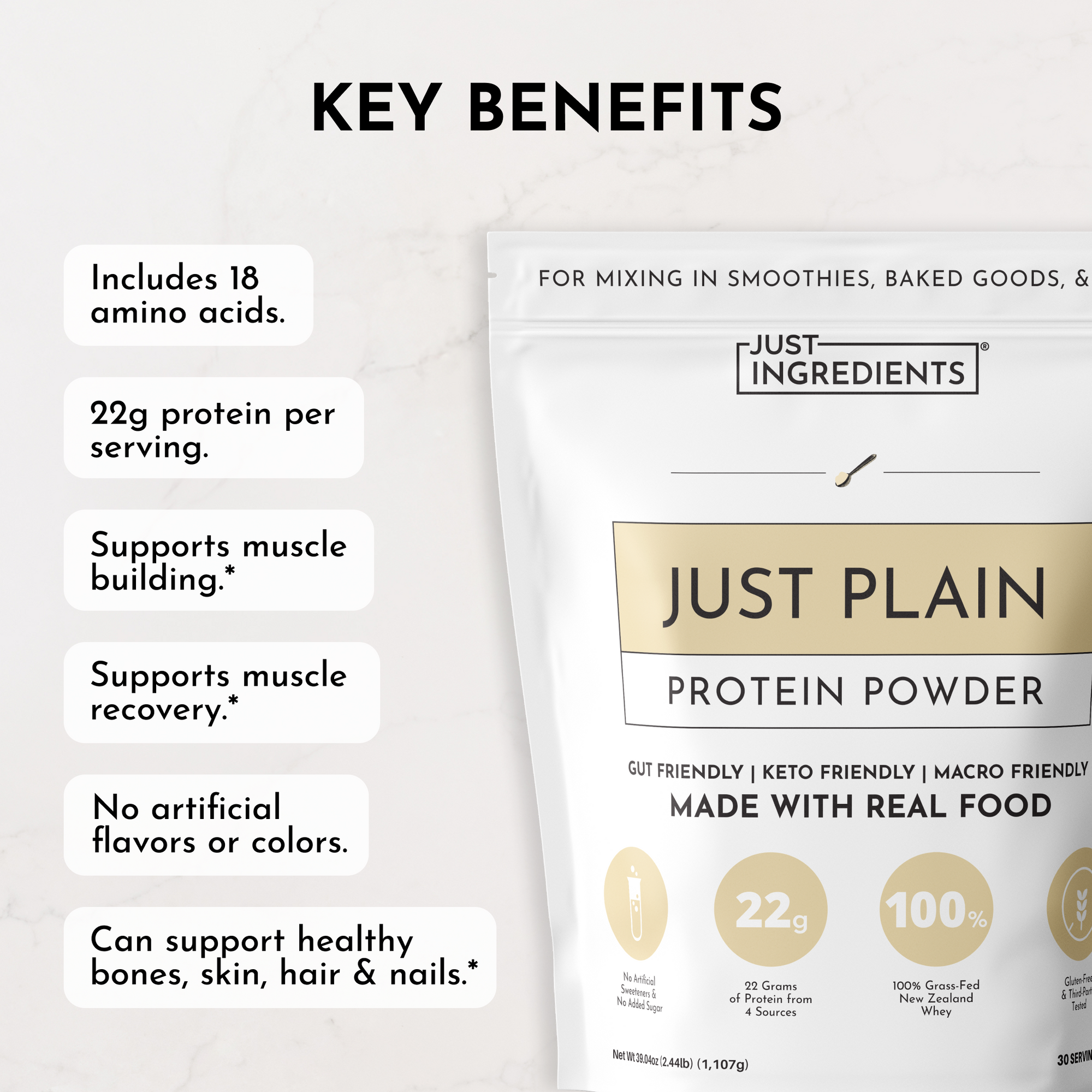 White protein powder pouch labeled "Just Plain Protein Powder" with key benefits listed on the left side.