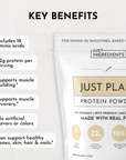 White protein powder pouch labeled "Just Plain Protein Powder" with key benefits listed on the left side.
