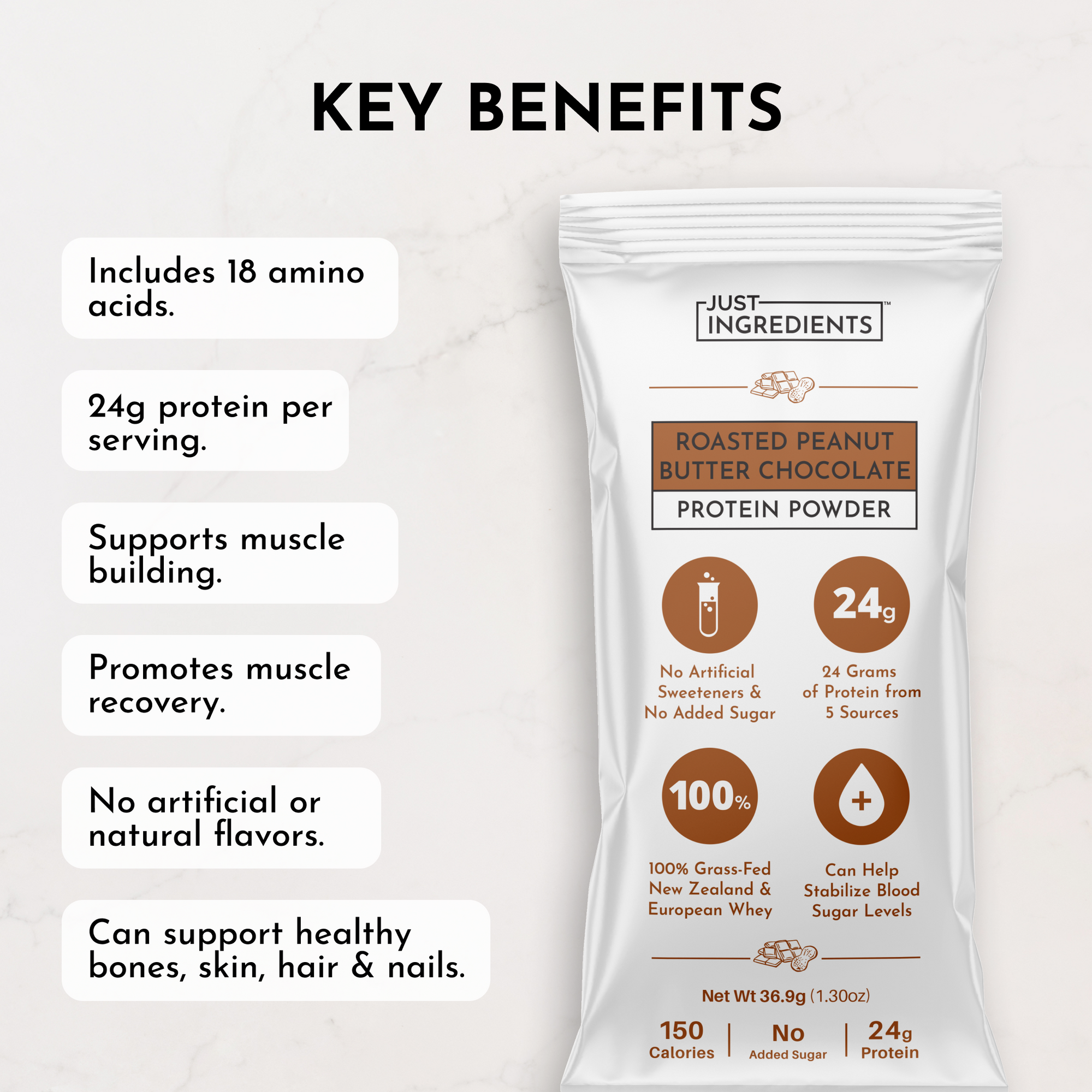 Protein powder packet featuring roasted peanut butter chocolate flavor, highlighting key benefits and nutritional information