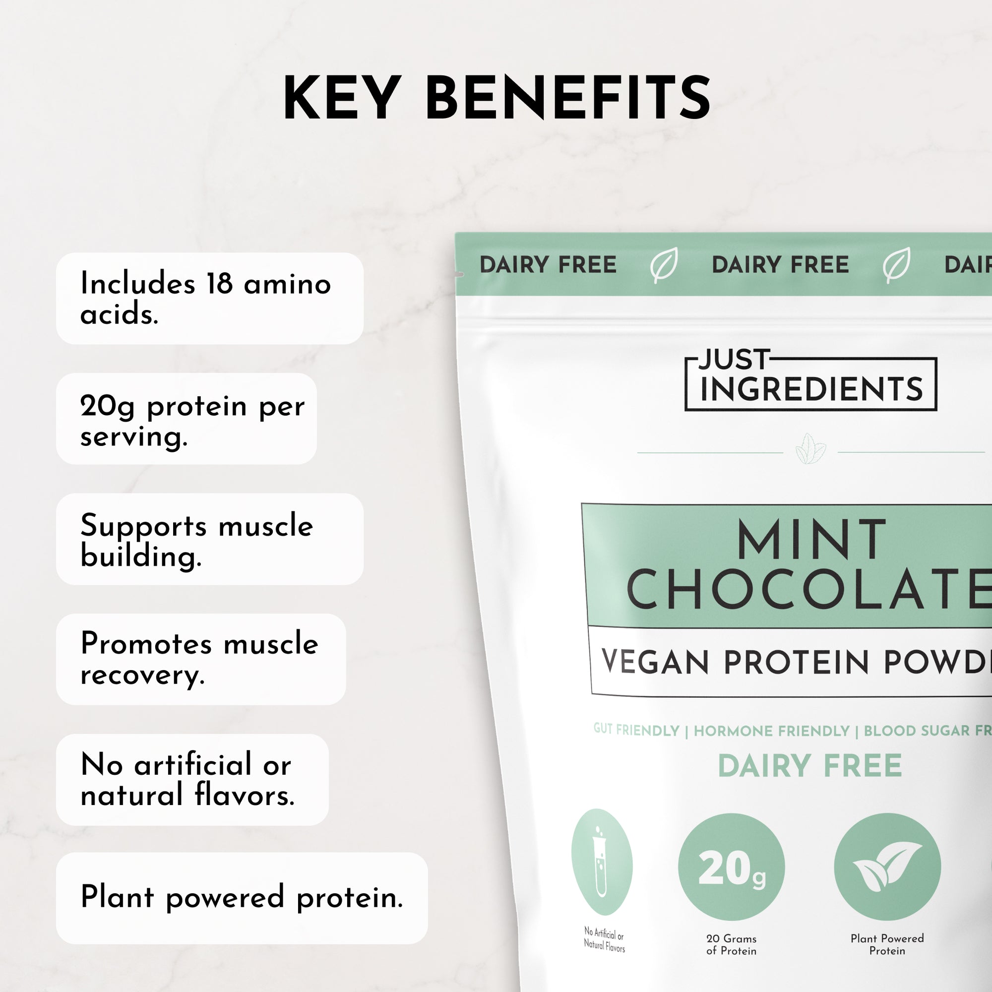 Vegan protein powder package with mint chocolate flavor and key benefits listed, including 20g protein per serving.