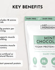 Vegan protein powder package with mint chocolate flavor and key benefits listed, including 20g protein per serving.