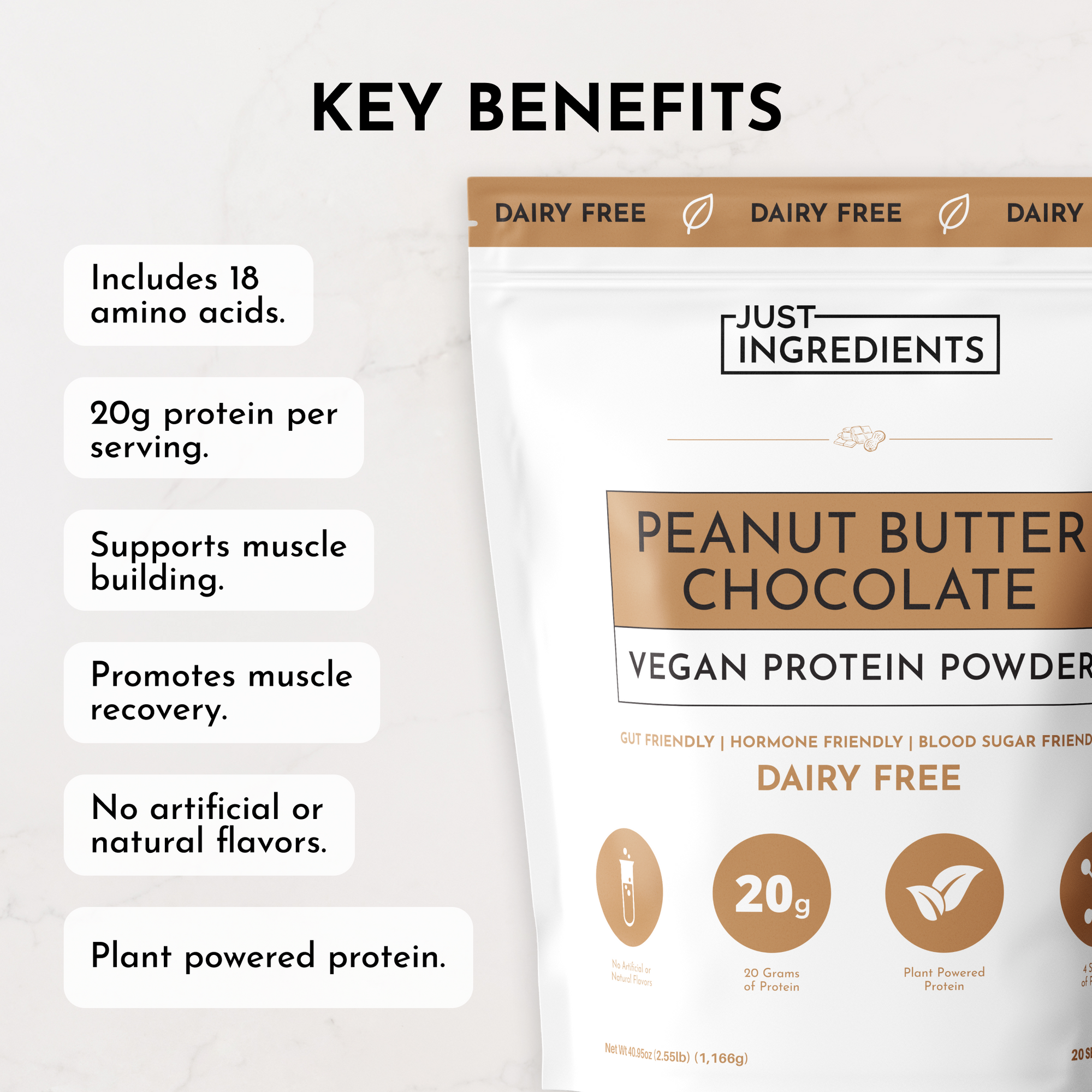 Vegan protein powder package featuring peanut butter chocolate flavor, highlighting key benefits and nutritional information.