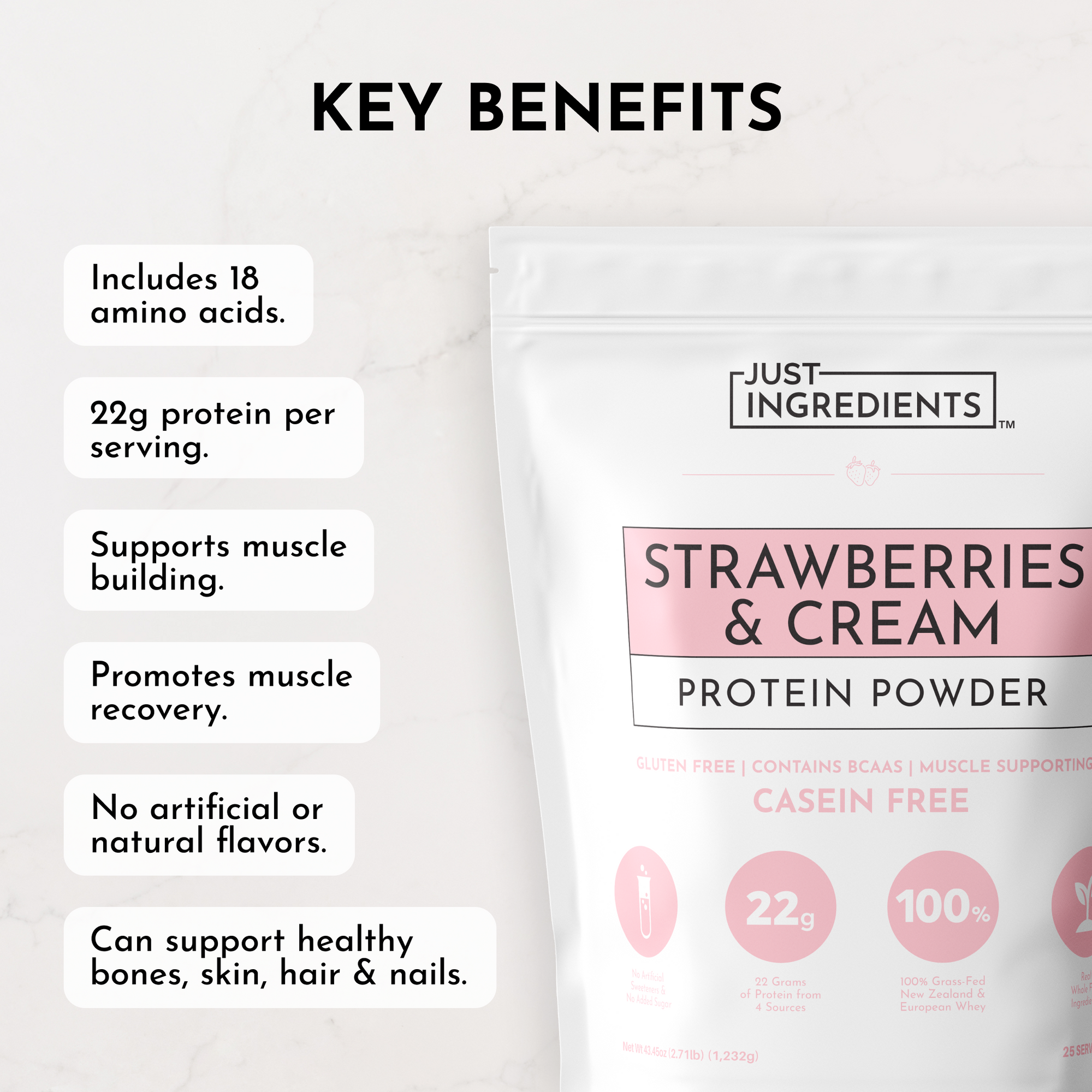 White pouch of "Strawberries &amp; Cream Protein Powder" with key benefits listed in black text on a light background.