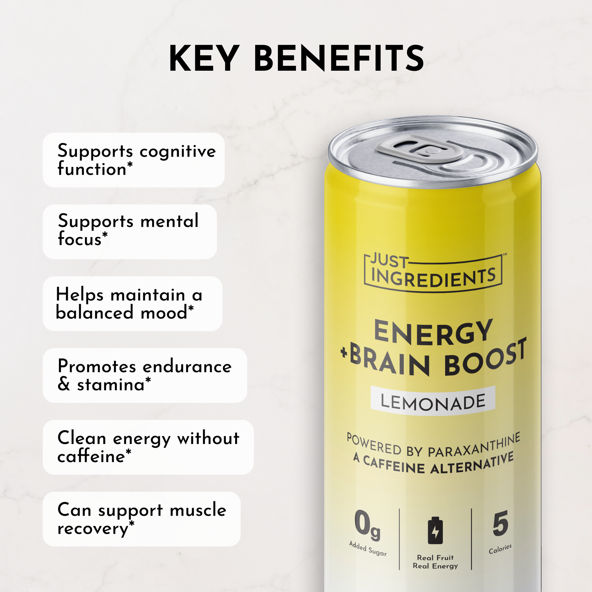 Yellow can of lemonade-flavored energy drink labeled "Energy + Brain Boost" with key benefits listed beside it.