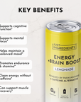 Yellow can of lemonade-flavored energy drink labeled "Energy + Brain Boost" with key benefits listed beside it.