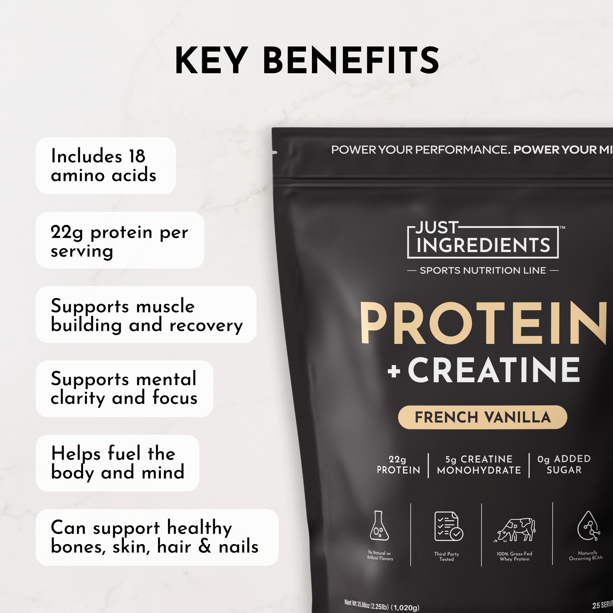 Black packaging with gold text, listing benefits of French Vanilla Protein + Creatine, including protein content and amino ac