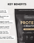 Black packaging with gold text, listing benefits of French Vanilla Protein + Creatine, including protein content and amino ac