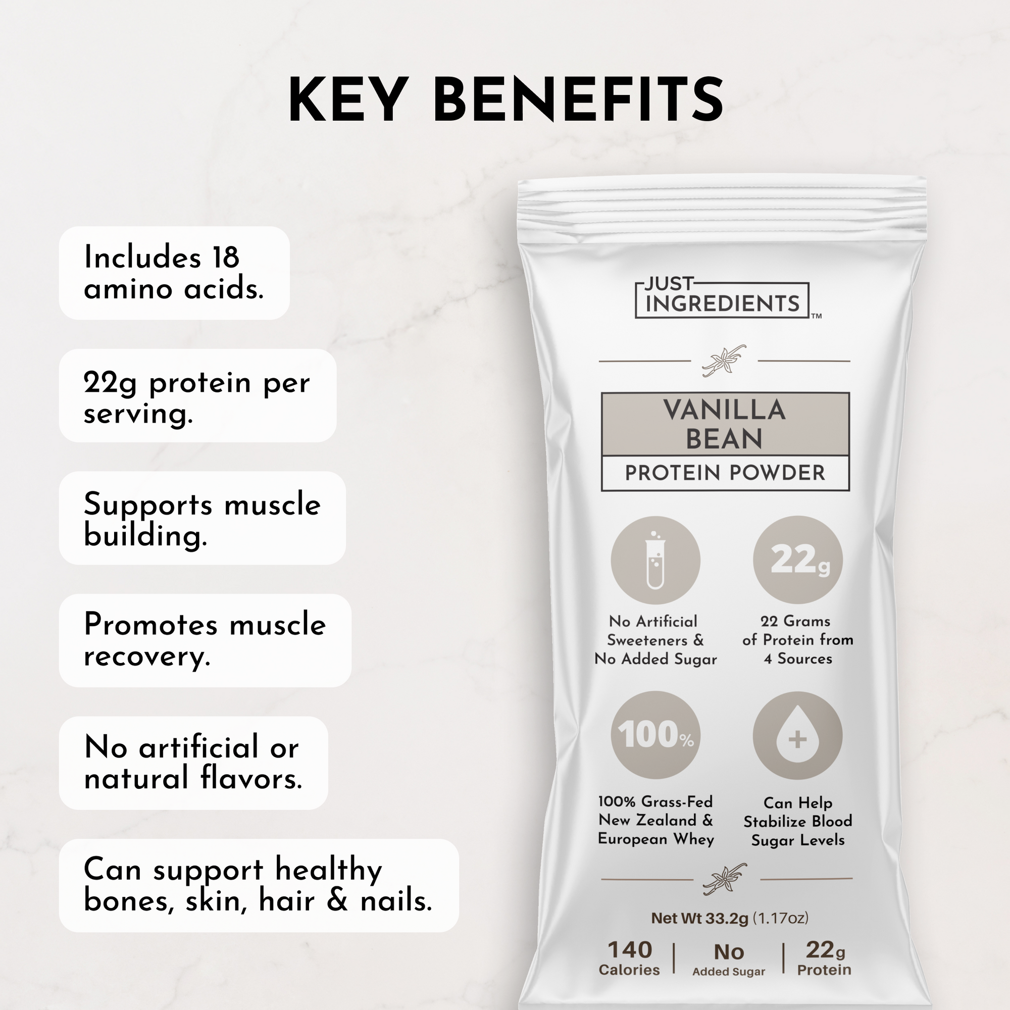 Vanilla bean protein powder stick with 22g protein, 18 amino acids, and no artificial sweeteners or flavors.