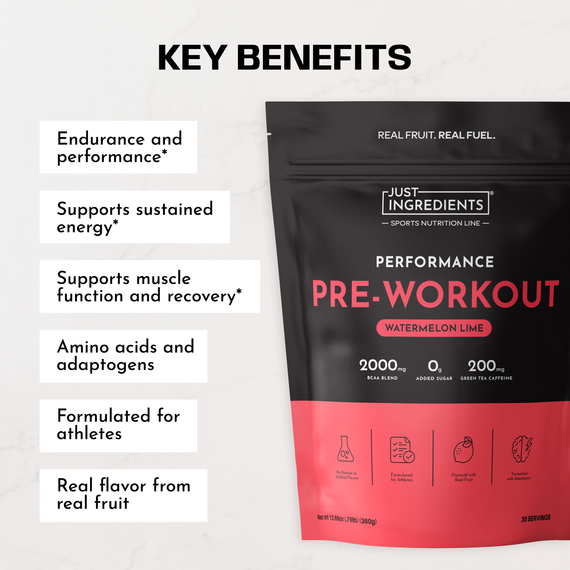 Black and pink pouch of Watermelon Lime pre-workout powder with key benefits listed on left side.