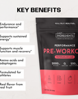 Black and pink pouch of Watermelon Lime pre-workout powder with key benefits listed on left side.