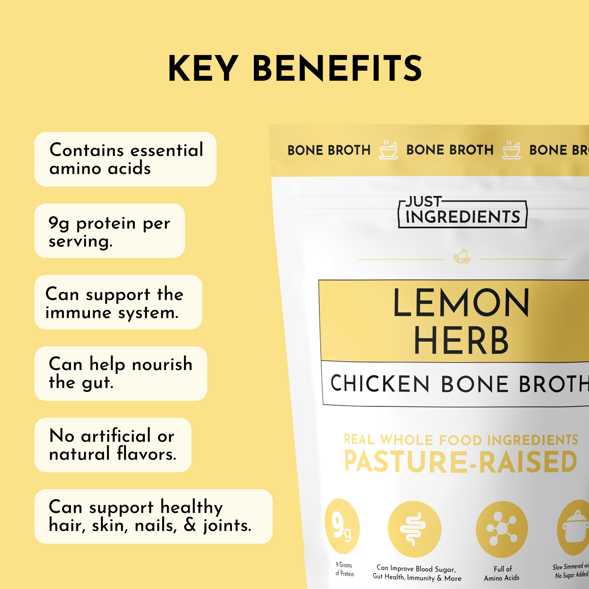 Packaging for Lemon Herb Chicken Bone Broth with key benefits listed in bullet points.