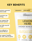 Packaging for Lemon Herb Chicken Bone Broth with key benefits listed in bullet points.