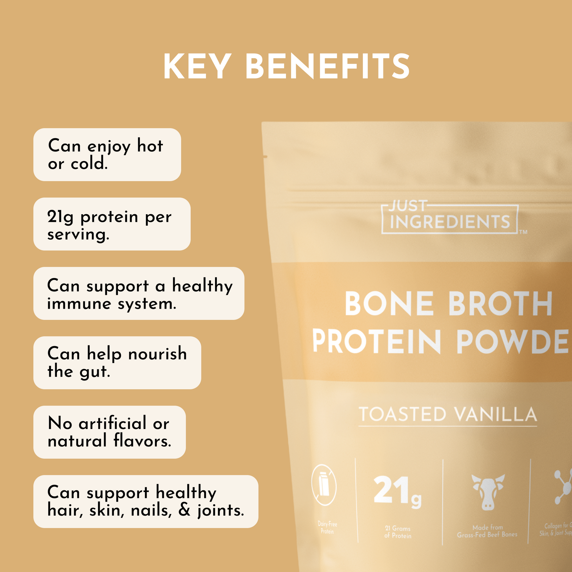 Brown packaging featuring "Bone Broth Protein Powder" in white text, with key benefits listed in bullet points.