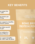 Brown packaging featuring "Bone Broth Protein Powder" in white text, with key benefits listed in bullet points.