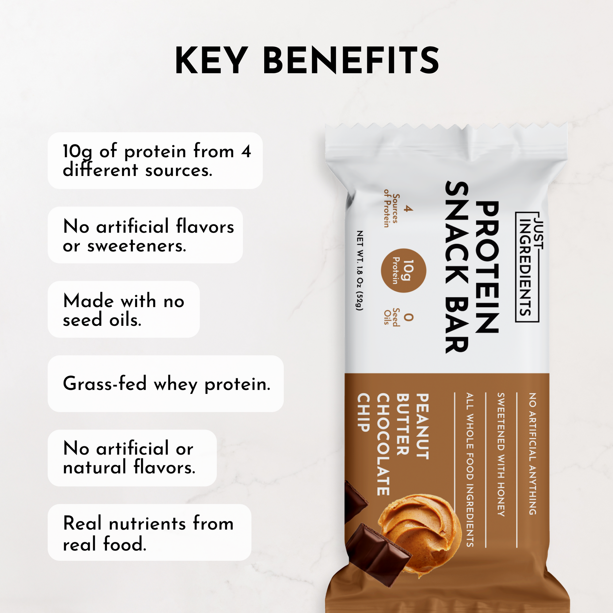 Protein snack bar packaging featuring peanut butter and chocolate chip flavors with key benefits listed.