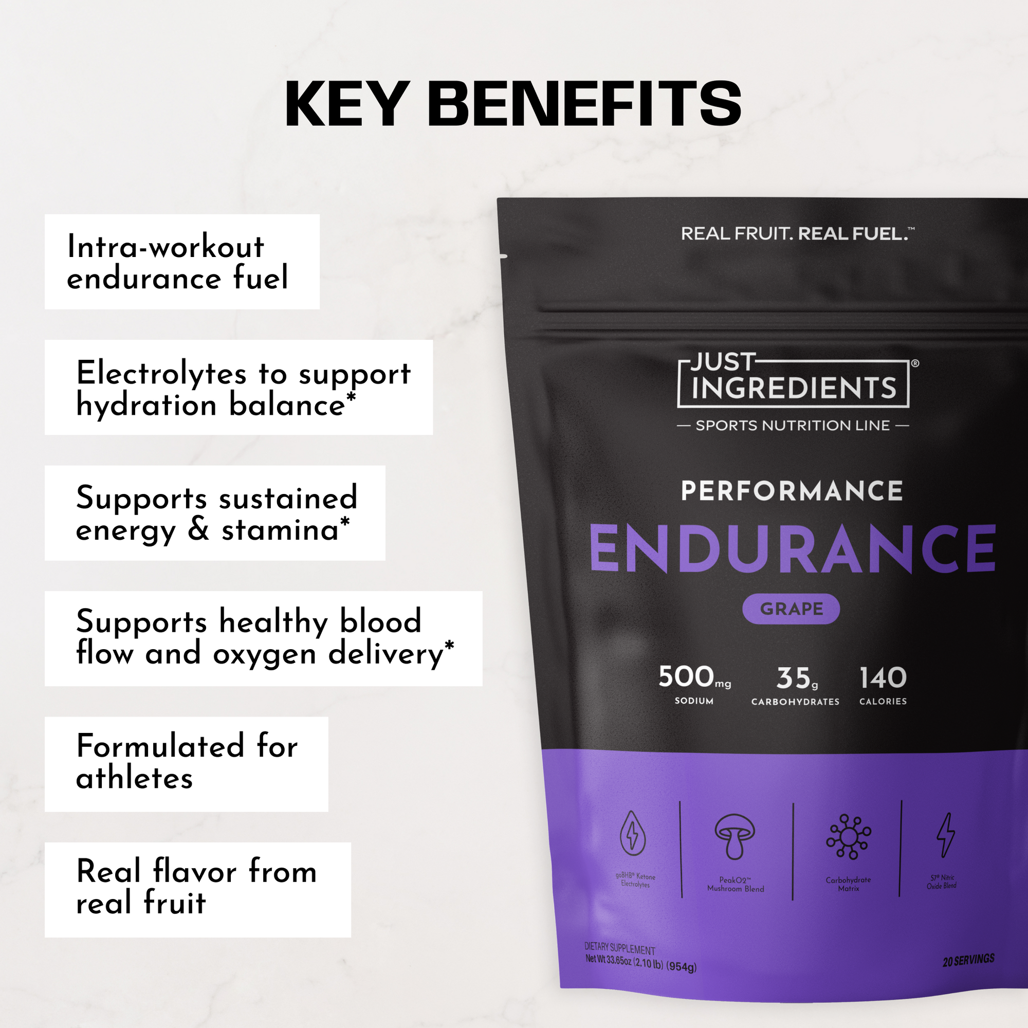 Black and purple pouch of grape-flavored endurance drink powder with key benefits listed on left side.