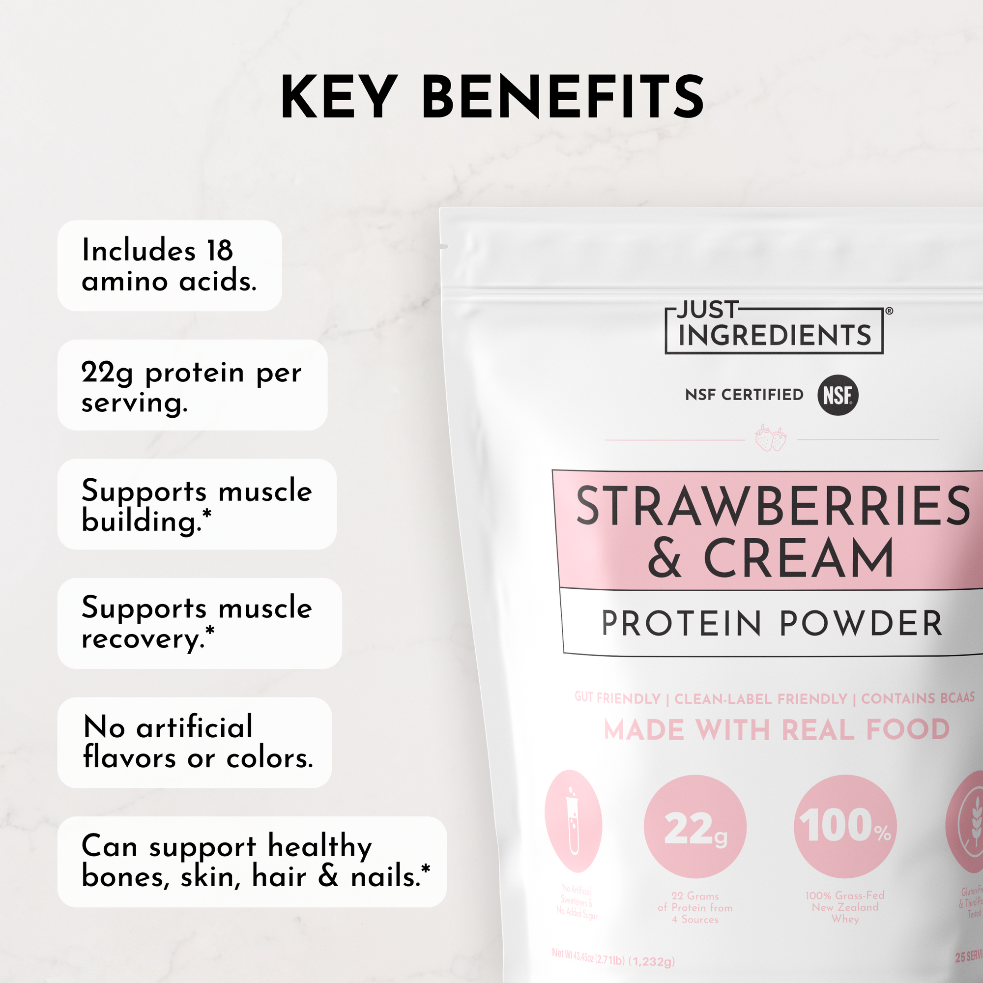White pouch of Strawberries &amp; Cream Protein Powder with pink label and NSF Certified badge displayed with key benefits list.