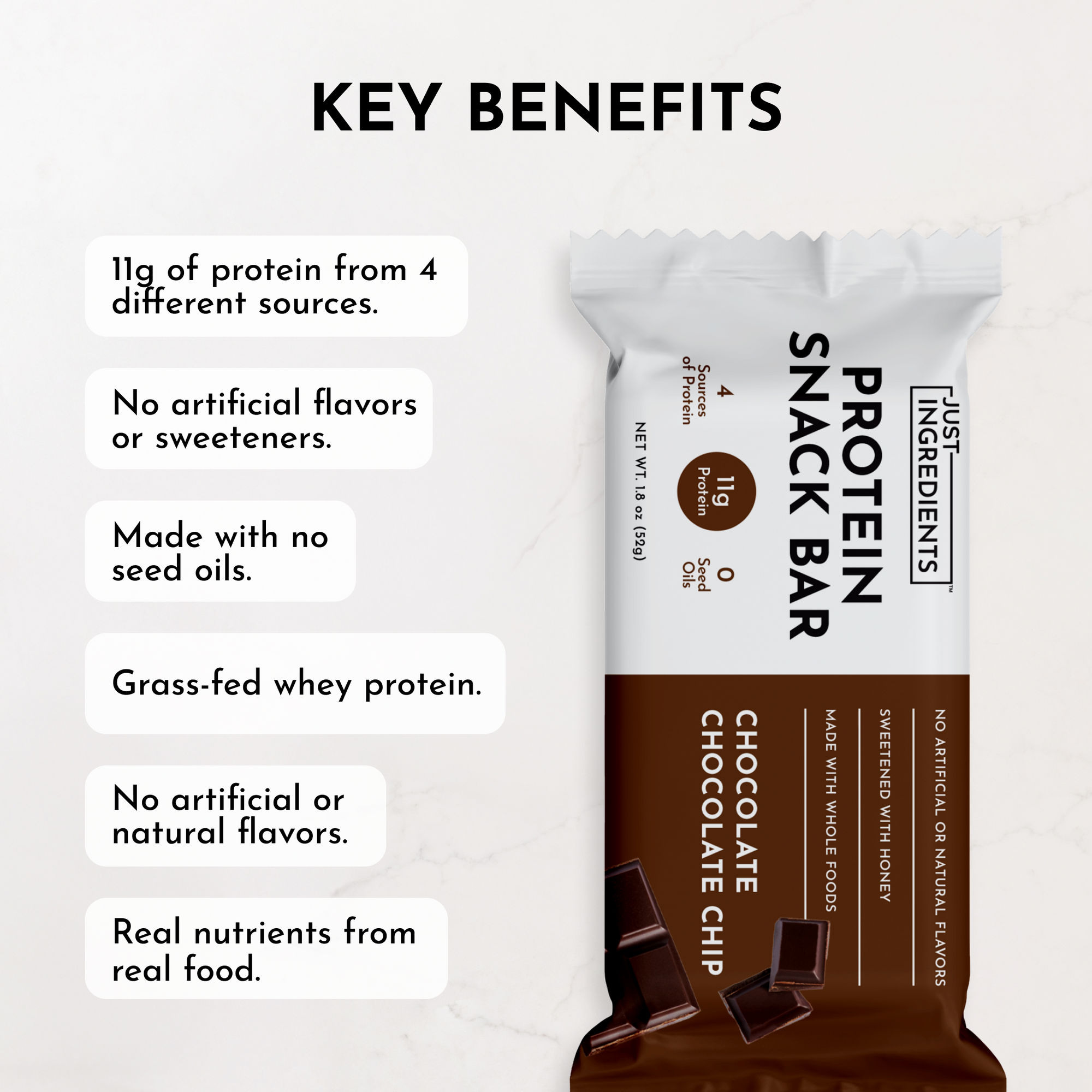 Chocolate chocolate chip protein snack bar packaging with key benefits listed, including protein content and ingredient detai