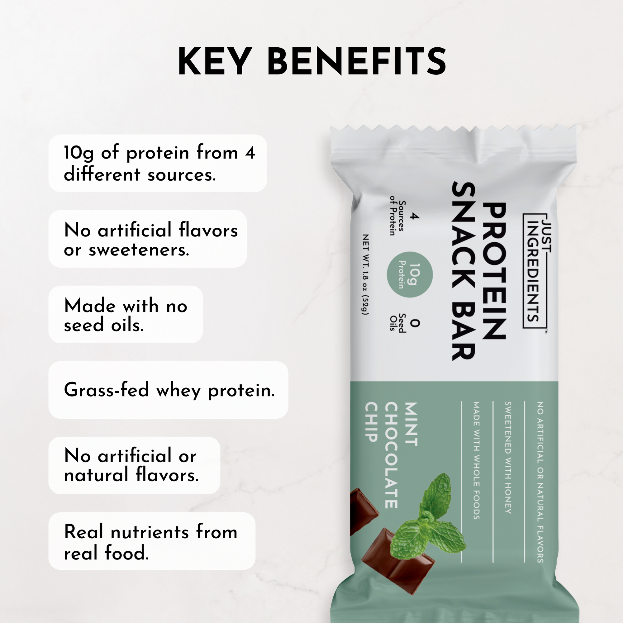 Protein snack bar packaging featuring mint chocolate chip flavor and key benefits listed on a light background.