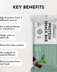 Protein snack bar packaging featuring mint chocolate chip flavor and key benefits listed on a light background.