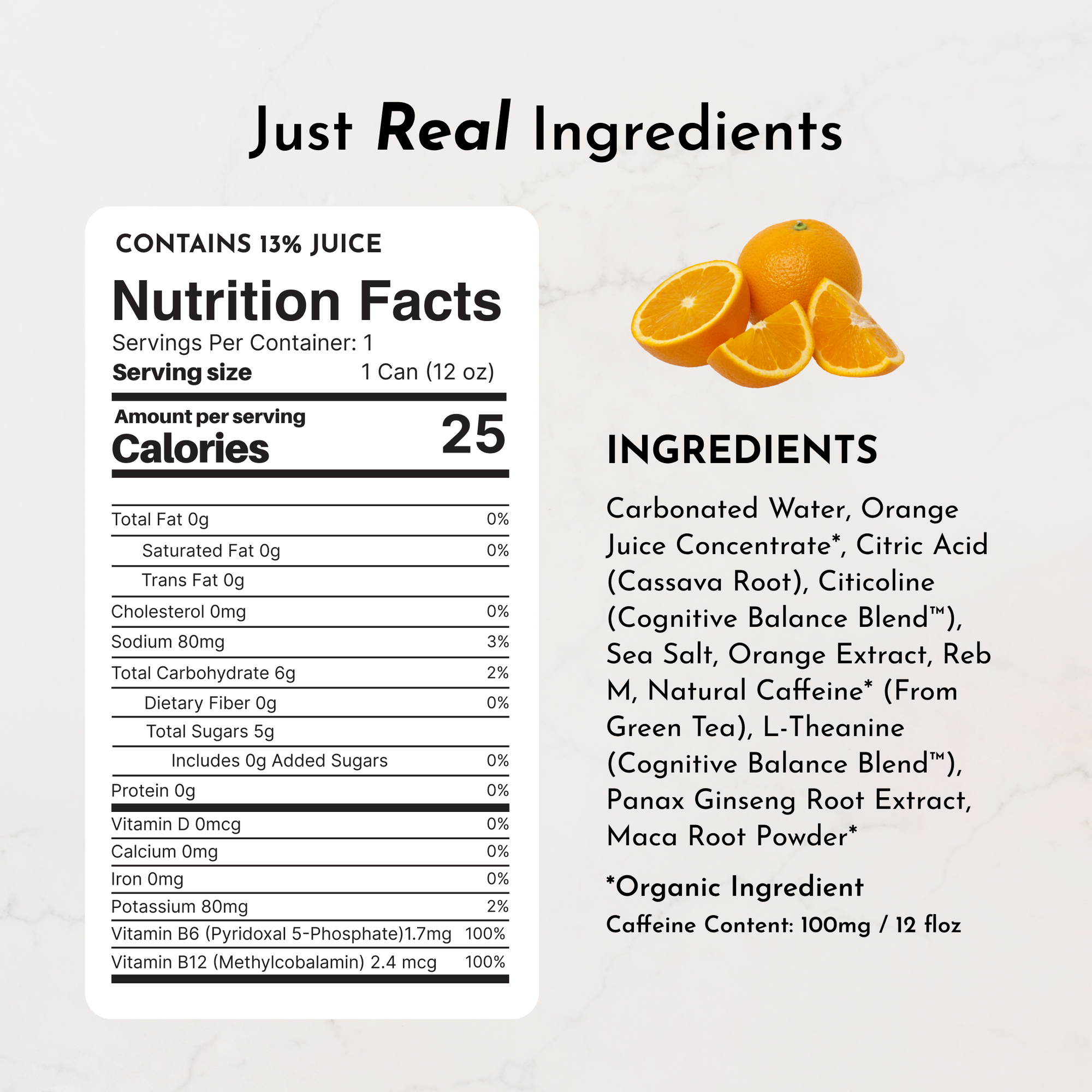 Nutrition facts label for Orange Fizz Energy drink, detailing ingredients and calorie content.