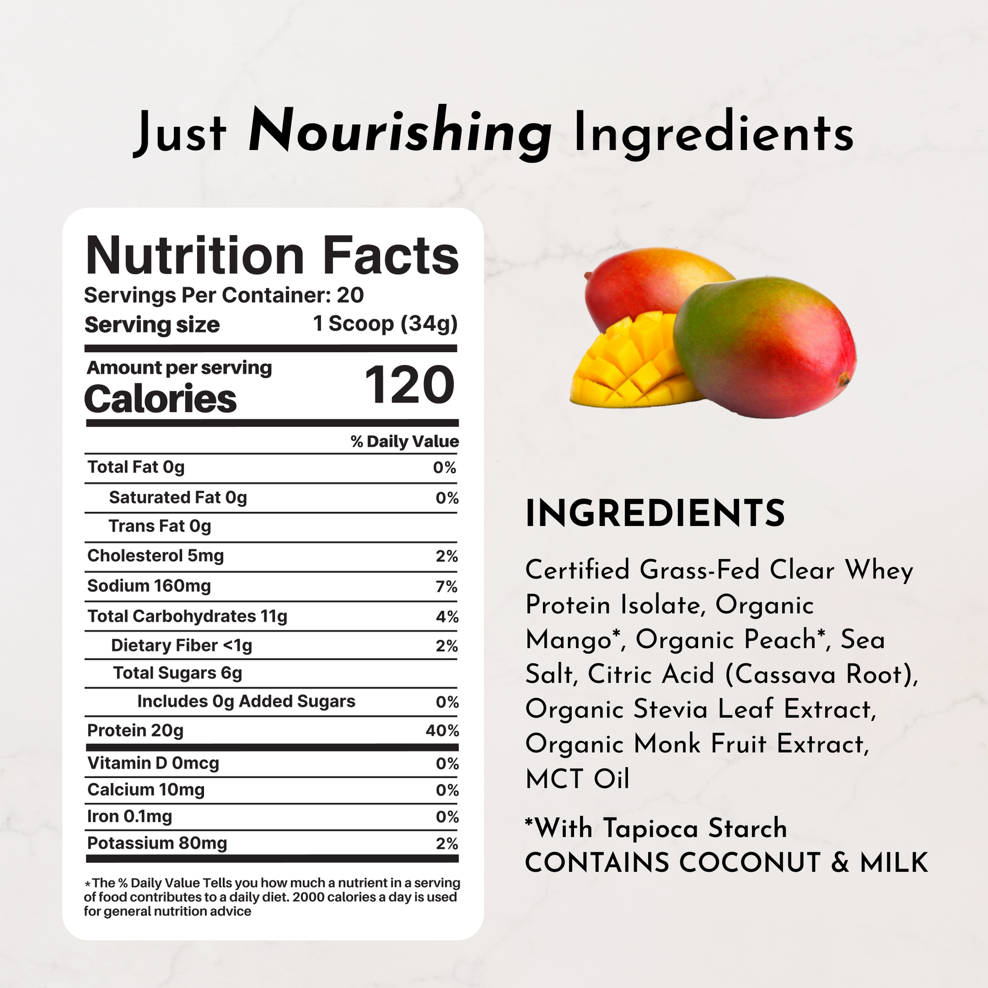 Nutrition facts label and ingredient list for frosted mango clear protein powder with mango and peach images.