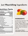 Nutrition facts label and ingredient list for frosted mango clear protein powder with mango and peach images.