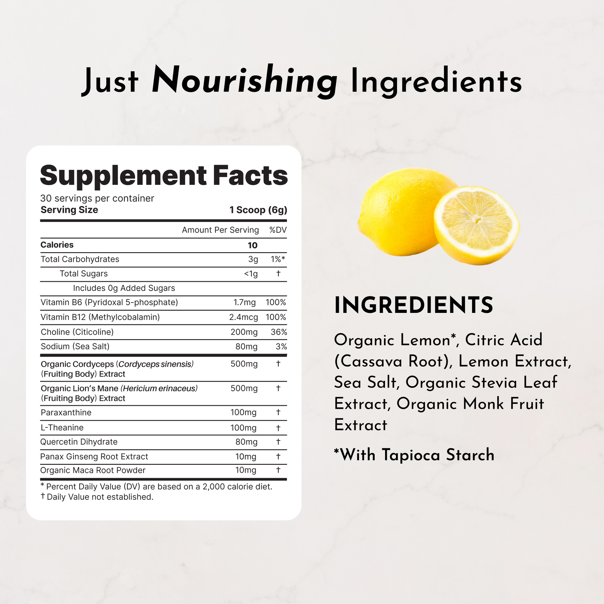 Supplement facts and ingredients for Energy + Brain Boost Lemonade, featuring organic lemon and various extracts.