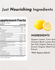 Supplement facts and ingredients for Energy + Brain Boost Lemonade, featuring organic lemon and various extracts.