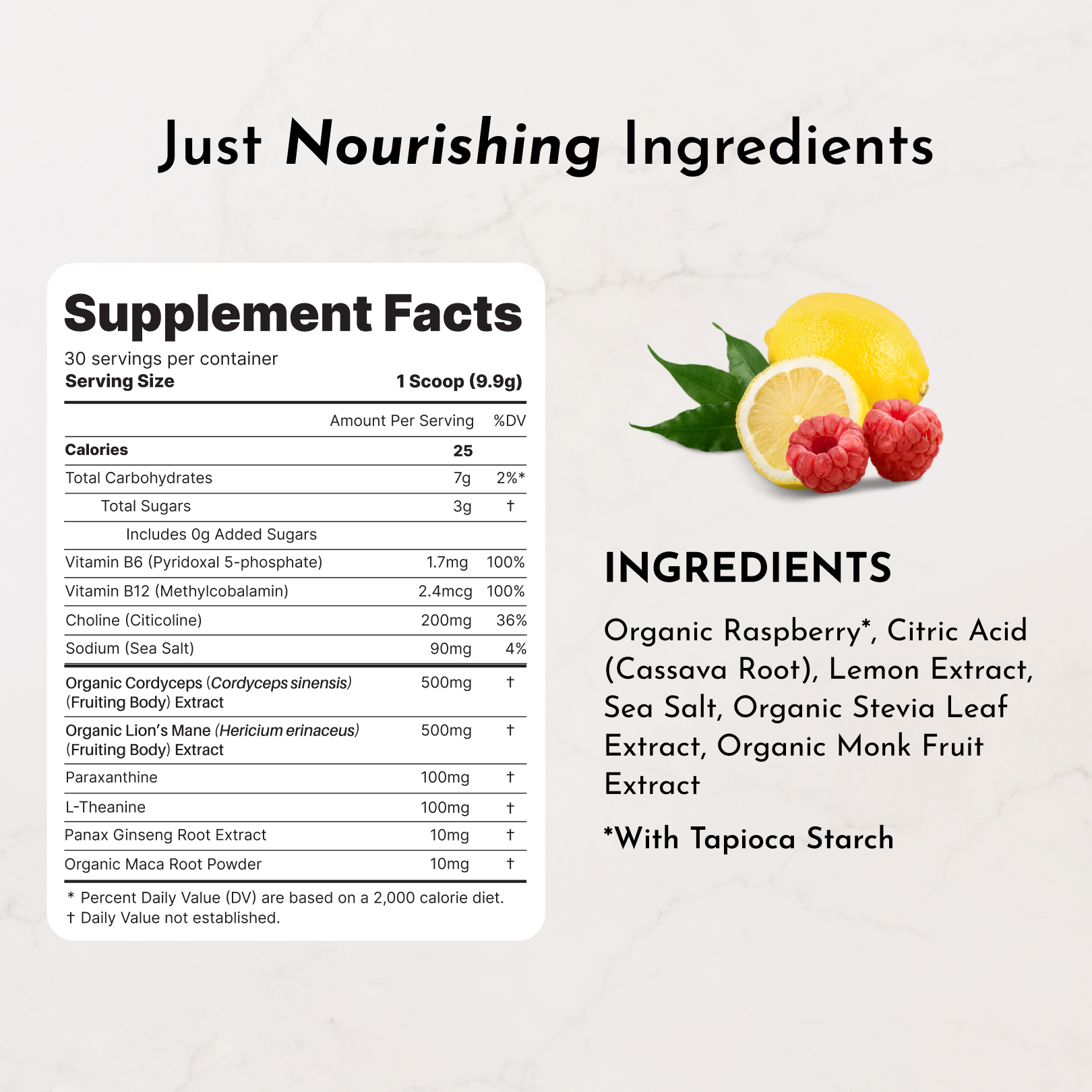 Supplement facts and ingredients list for Energy + Brain Boost Raspberry Lemonade, featuring organic raspberry and lemon extr