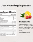 Supplement facts and ingredients list for Energy + Brain Boost Raspberry Lemonade, featuring organic raspberry and lemon extr
