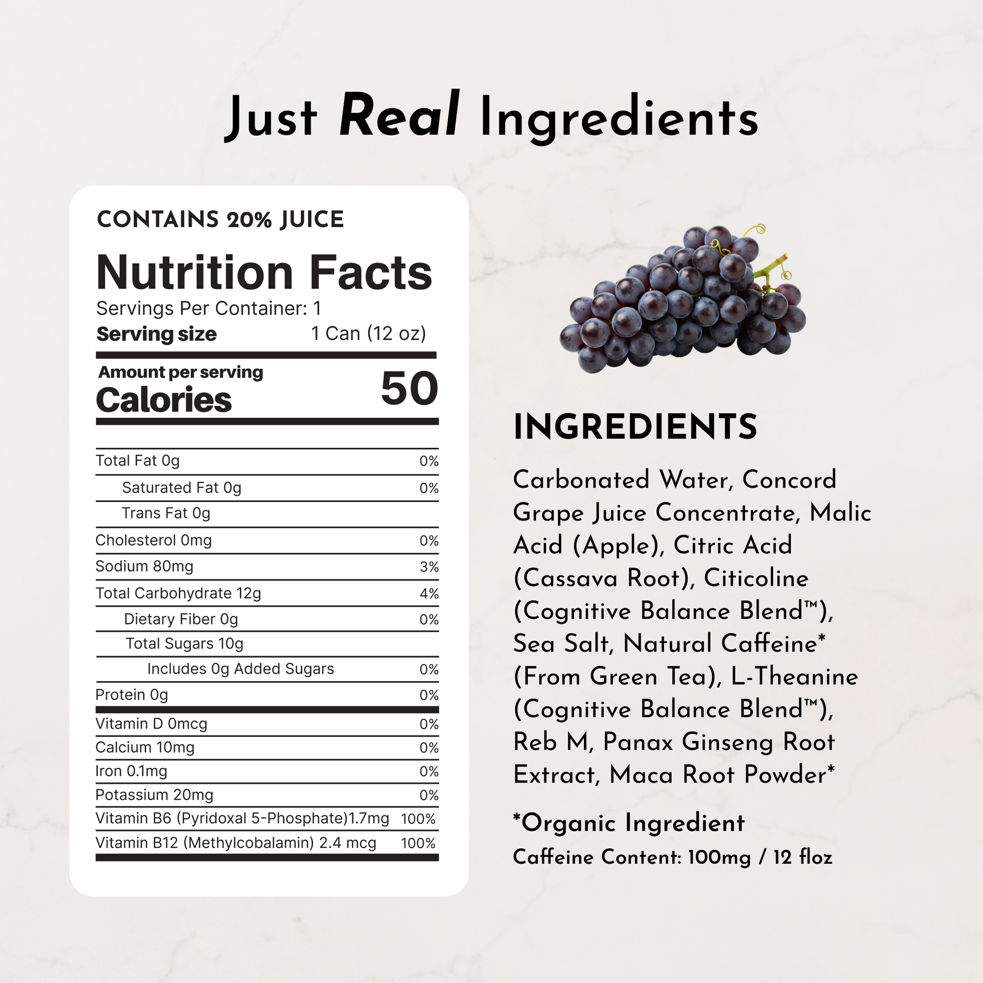 Nutrition facts and ingredient list for Grape Soda Energy drink, highlighting 20% juice content and caffeine.