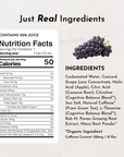 Nutrition facts and ingredient list for Grape Soda Energy drink, highlighting 20% juice content and caffeine.