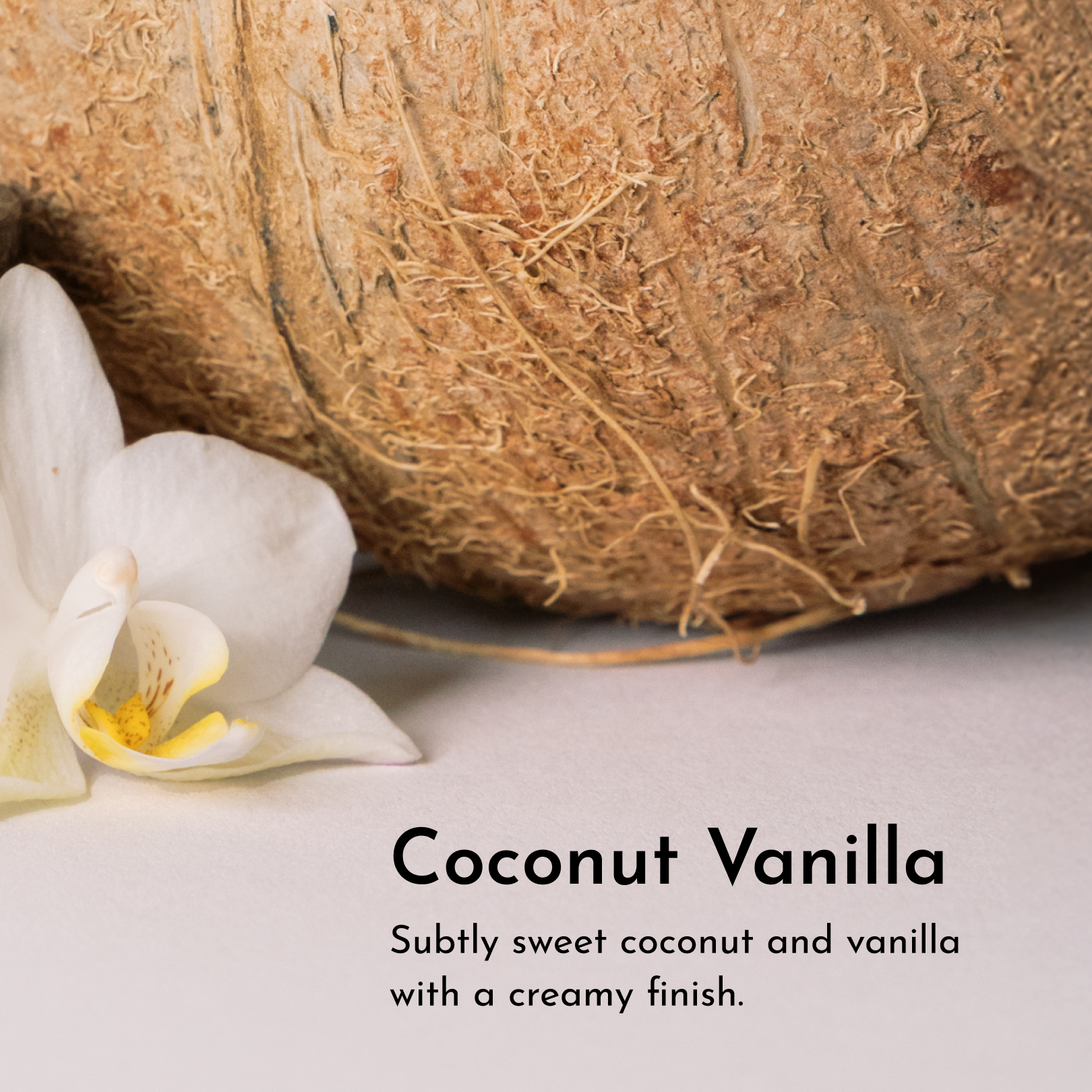Coconut and vanilla with a creamy finish, accompanied by a white flower and a textured coconut shell.