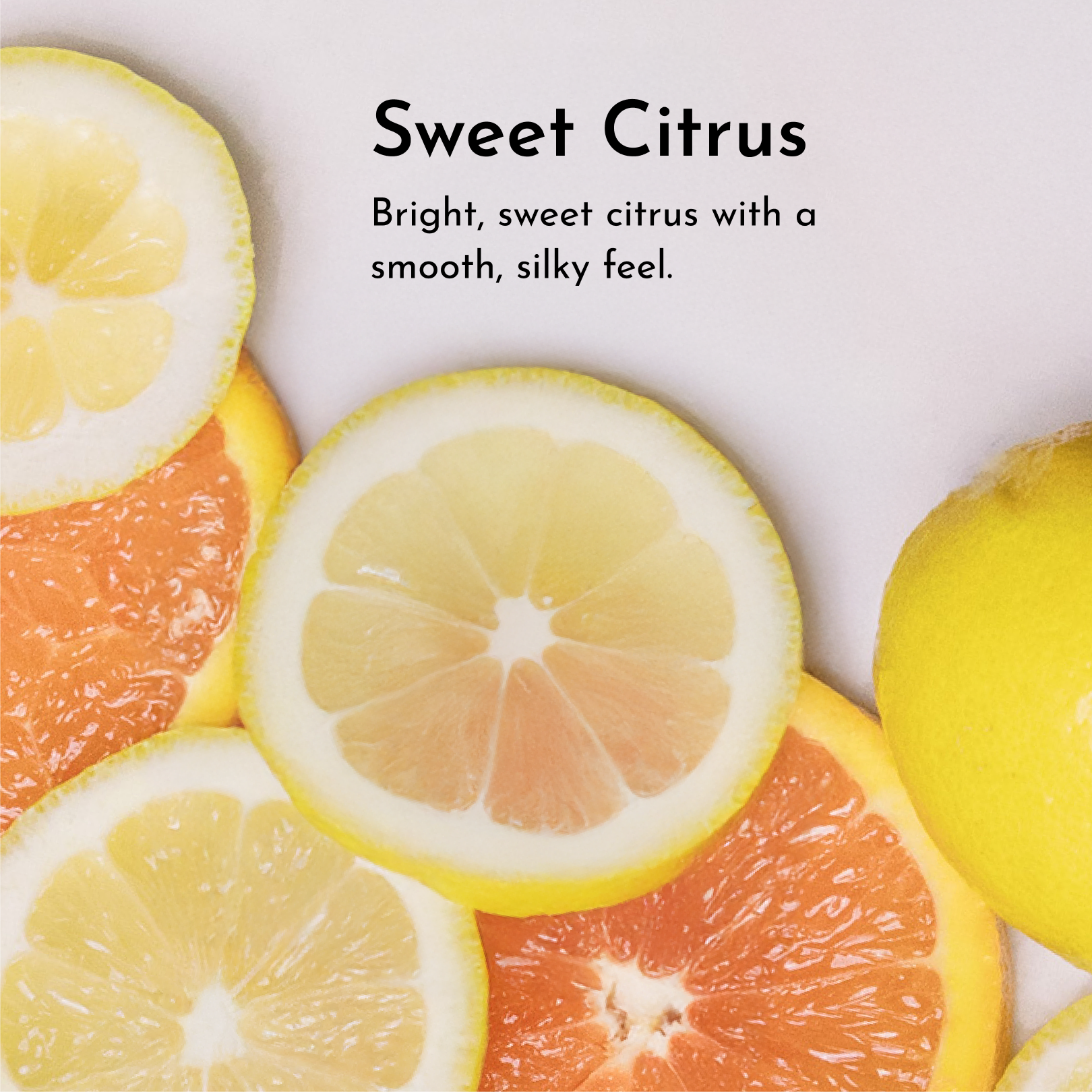 Sliced citrus fruits including lemon, lime, and orange representing the Sweet Citrus scent profile.