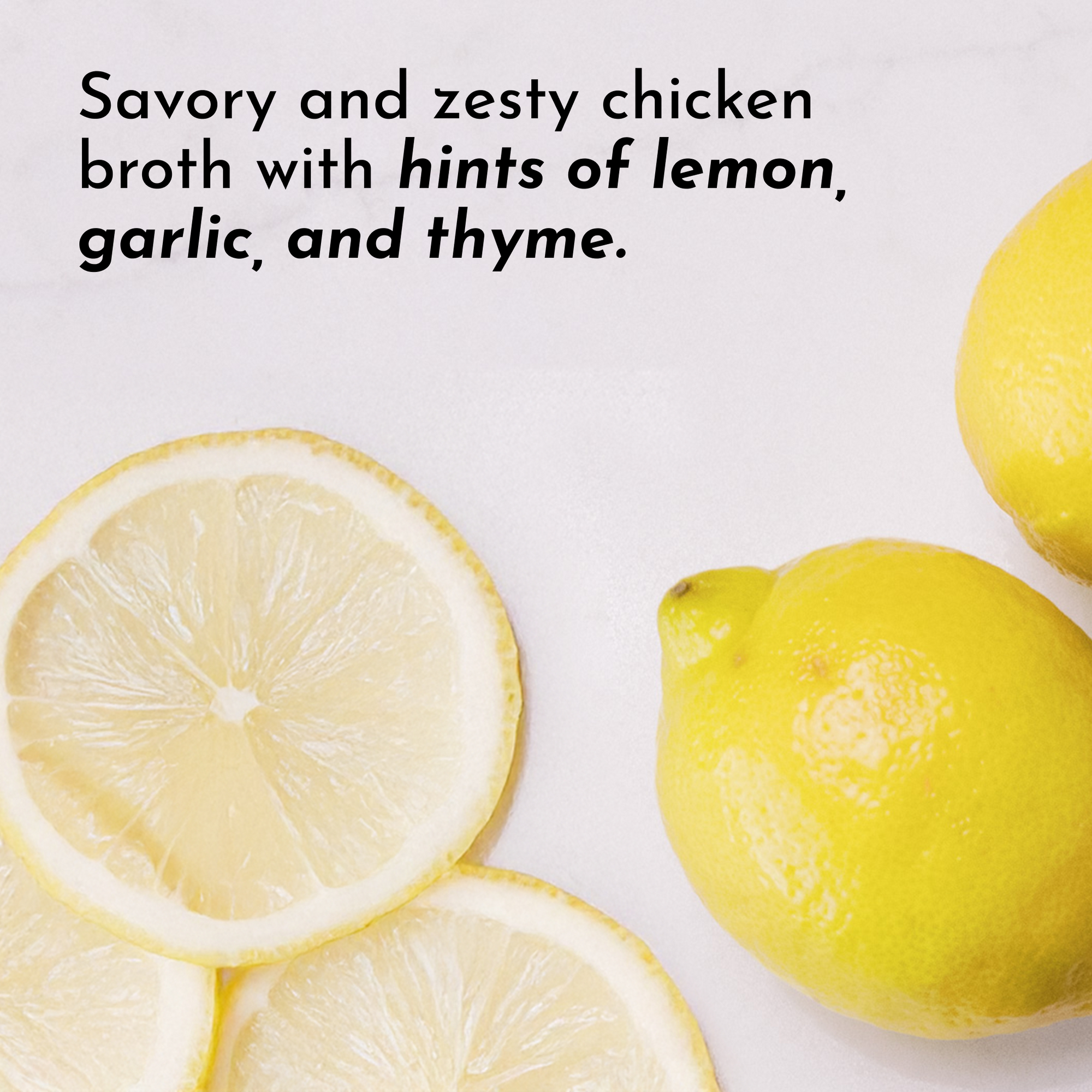 Sliced lemons on a white surface, with whole lemons and text describing flavors of lemon, garlic, and thyme.